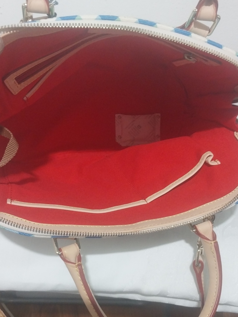 Dooney & Bourke Blue and Green Plaid Satchel with Tan Trim - Picture 4 of 4